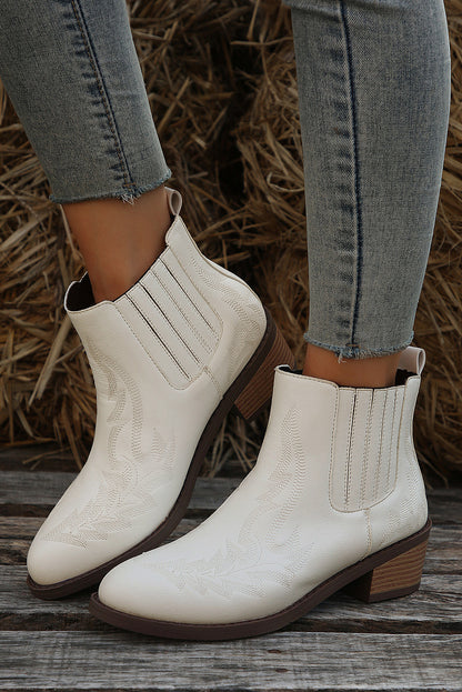 White Embroidered Leather Thick Heel Booties