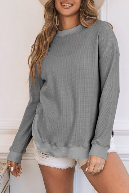 Pink Waffle Knit Crew Neck Casual Long Sleeve Top