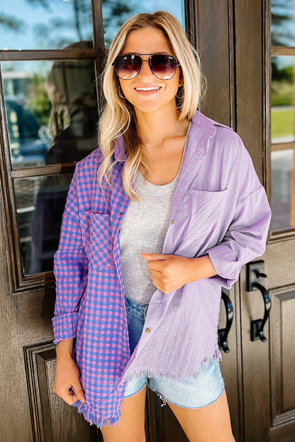 Mixed Plaid Button Down Long Sleeve Chest Pocket Shirt