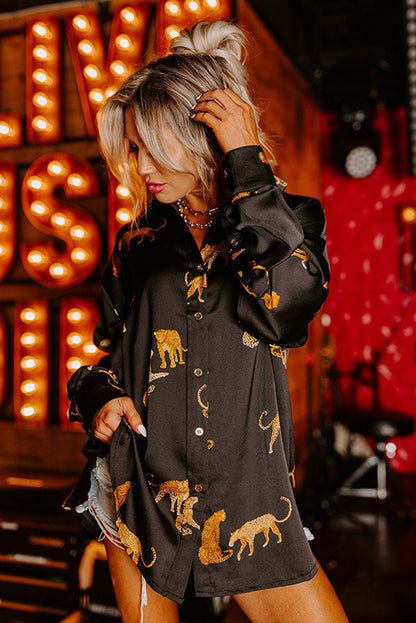 Black Animal Print Button Up Satin Shirt