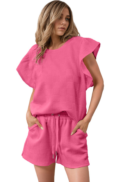 Bonbon Textured Ruffle Sleeve Tee and Drawstring Shorts Set