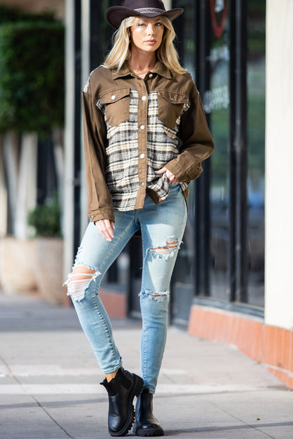 Sky Blue Plaid Patchwork Pockets Denim Jacket