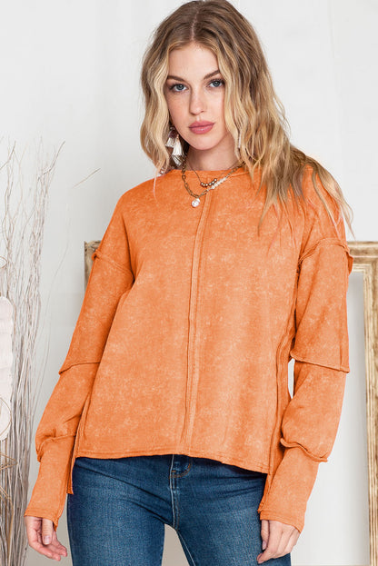 Orange Patchwork Long Sleeve Distress Pullover Top