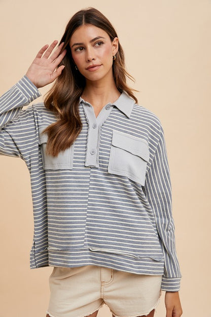 Annie Wear Striped Button Detail Long Sleeve Polo Top