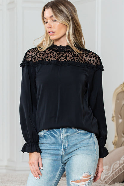 Black Leopard Sheer Splicing Lace Neck Ruffle Blouse