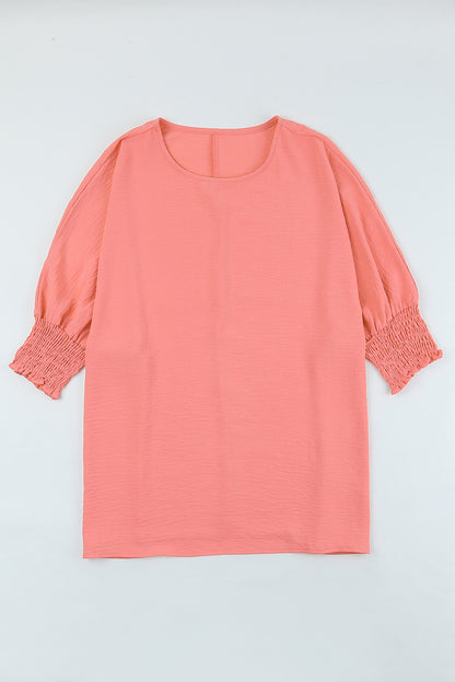 Rosy Solid Casual Smocked Cuffs Top