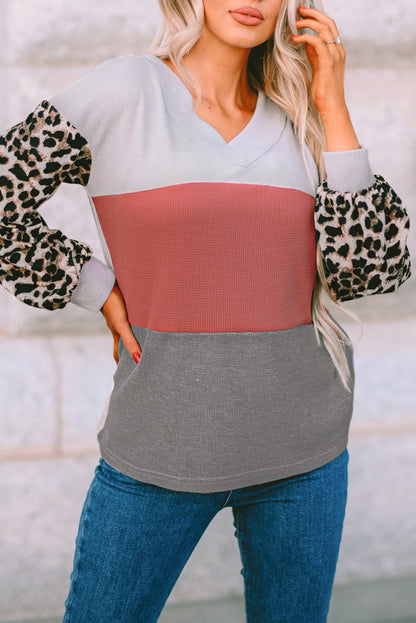 Leopard Print Color Block V Neck Waffle Knit Long Sleeve Top