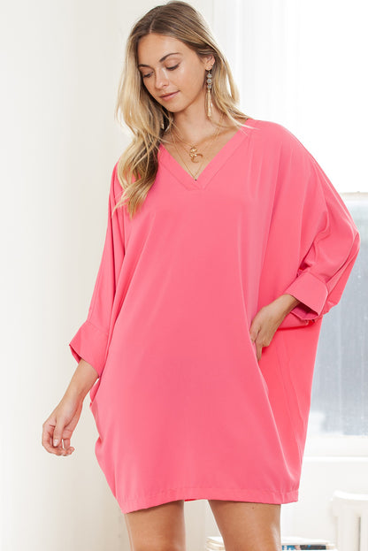 Strawberry Pink Solid Color V Neck 3/4 Sleeve Dress