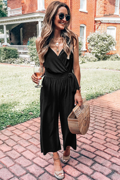 Black Casual Surplice V Neck Knot Wide Leg Jumpsuit