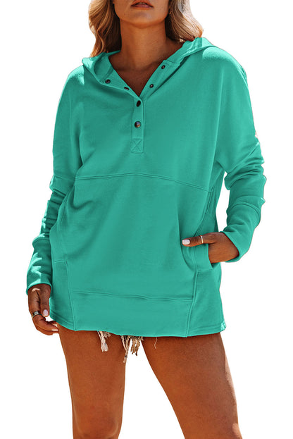 Light Blue Casual Batwing Sleeve Pocket Henley Hoodie