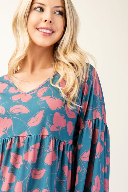 Celeste Full Size Tiered Floral V-Neck Long Sleeve Blouse