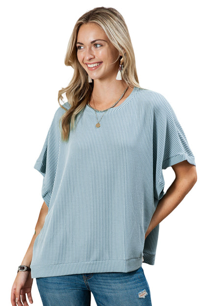 Sky Blue Plain Ribbed Knit Batwing Sleeve Tunic Oversized T Shirt