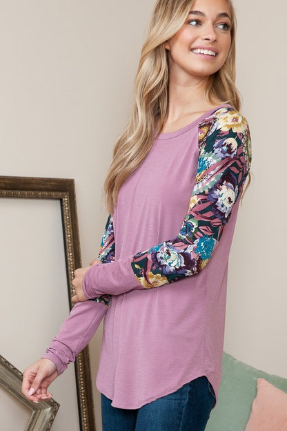 Plus Solid Floral Contrast Long Sleeve Top