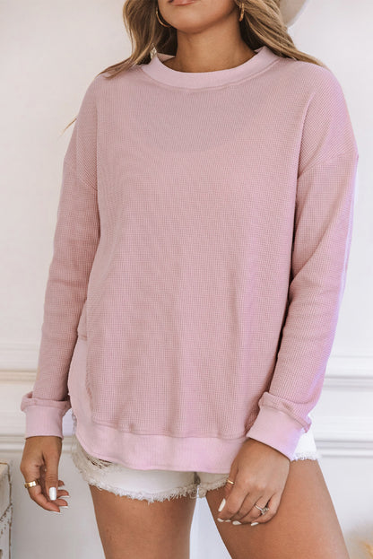 Pink Waffle Knit Crew Neck Casual Long Sleeve Top