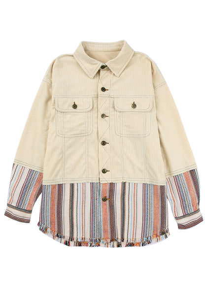 Beige Button Up Pockets Striped Color Block Corduroy Jacket