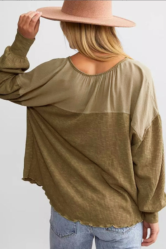 Khaki Ribbed Patchwork Bishop Sleeve Henley Top