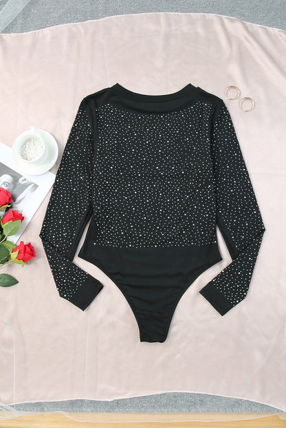 Green Rhinestone Casual Slim Fit Long Sleeve Bodysuit