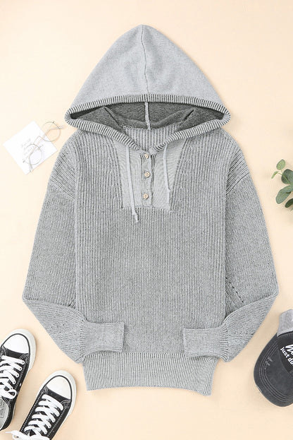 Black V Neck Casual Henley Drawstring Hooded Sweater