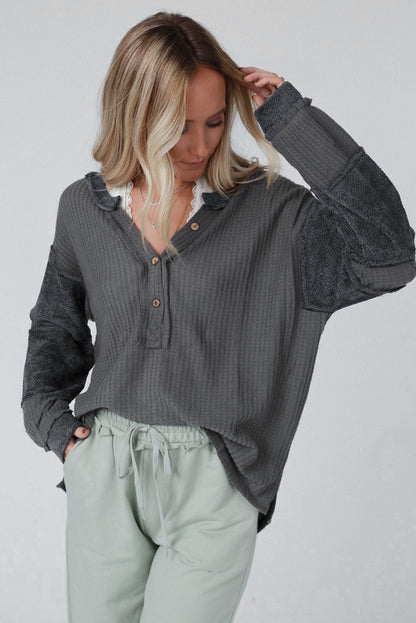 Gray Contrast Patched V Neck Waffle Knit Henley Top