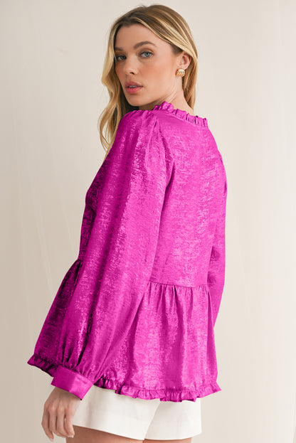 Gold Metallic Velvet Frill V Neck Puff Sleeve Babydoll Blouse