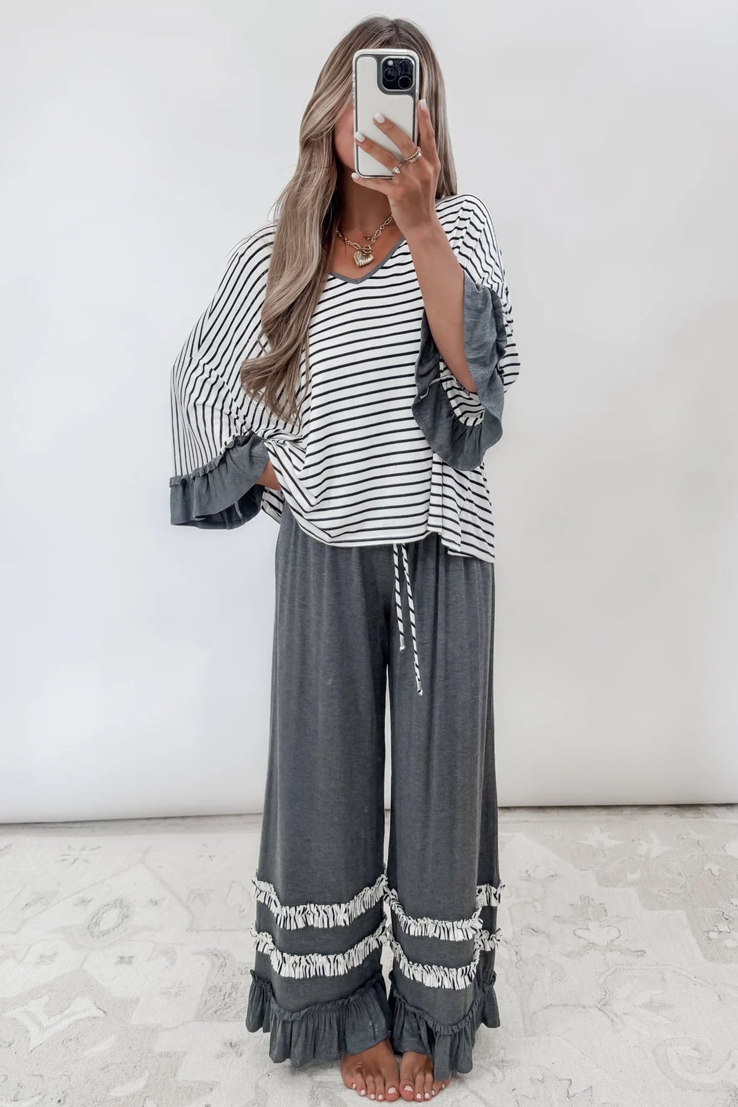 Gray Stripe V Neck Ruffle Contrast Sleeve Top Drawstring Pants 2pcs Set