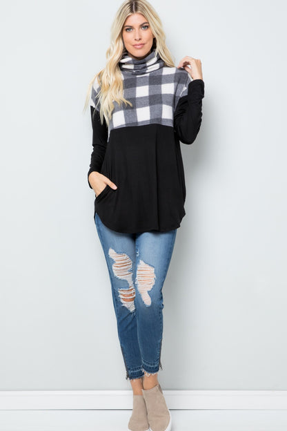 Celeste Full Szie Pocketed Plaid Turtleneck Long Sleeve Blouse