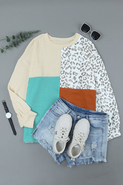 Cheetah Print Color Block Casual Pullover Long Sleeve Top