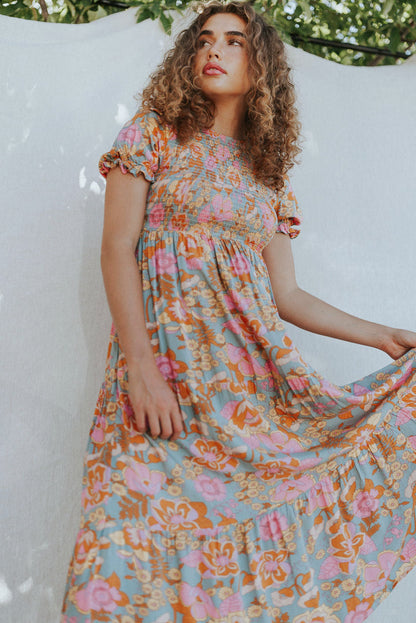 Boho Wide Sleeve Smocked Waist Floral Dress