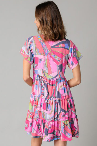 Multicolor Geometric Abstract Print Long Sleeve Shirt Dress