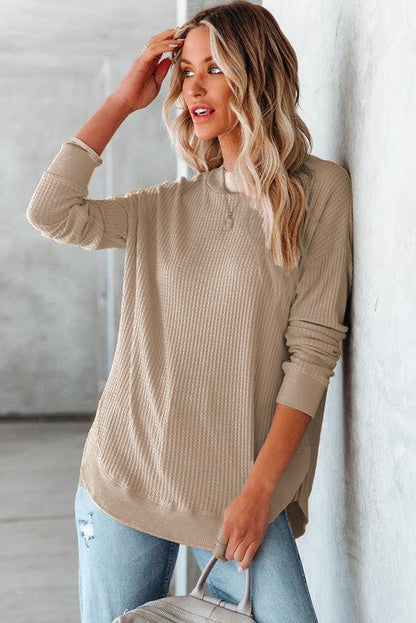 Pink Waffle Knit Crew Neck Casual Long Sleeve Top