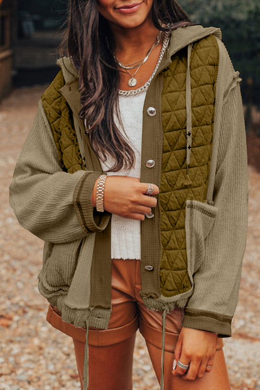 Jungle Green Quilted Textured Patchwork Hooded Jacket