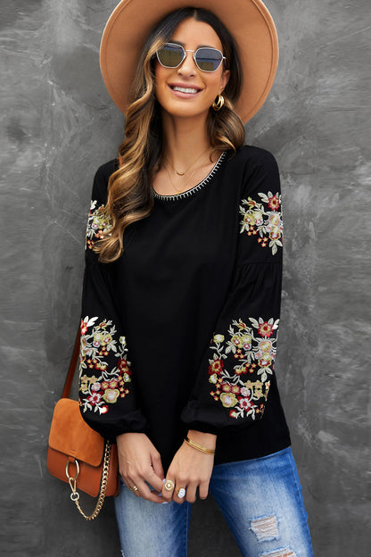 Black Flower Embroidered Jewel Neckline Long Sleeve Shirt