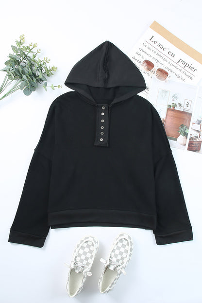 Black Button Front Plain Pullover Hoodie