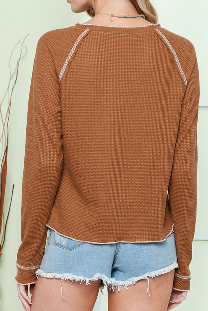 Brown Textured Crewneck Long Sleeve Top