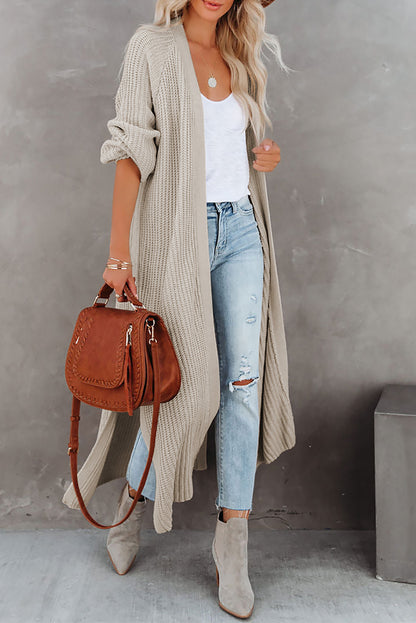 Beige Cable Knit Side Slits Open Front Duster Cardigan