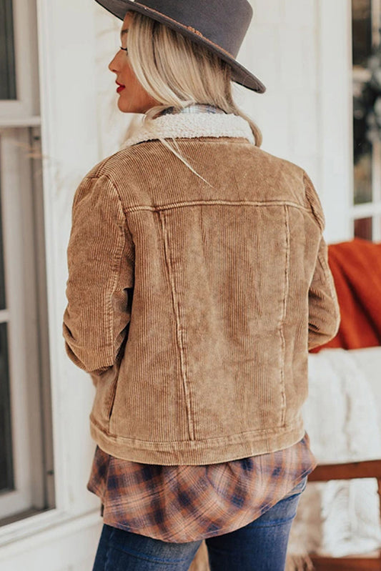 Khaki Corduroy Sherpa Snap Flap Pocket Jacket