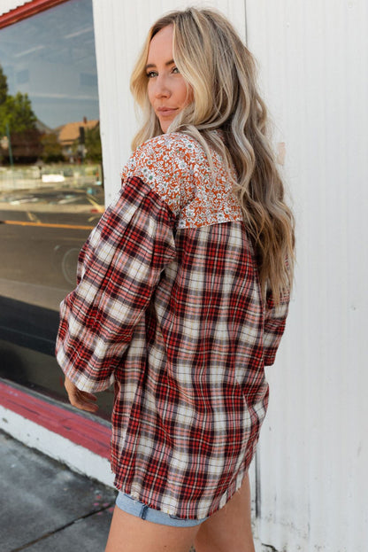 Dark Blue Floral Plaid Mixed Patchwork Bishop Sleeve Top