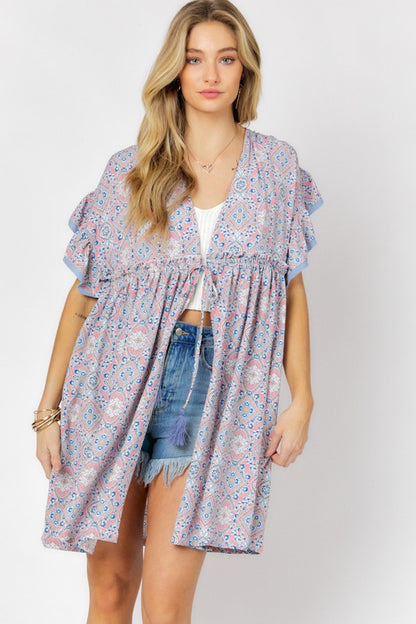 PRINTED SHORT SLEEVE RUFFLE KIMONO