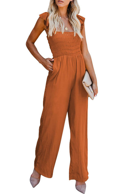 Red Smocked Ruffle Strap Pocket Wide Leg Jumpsuit