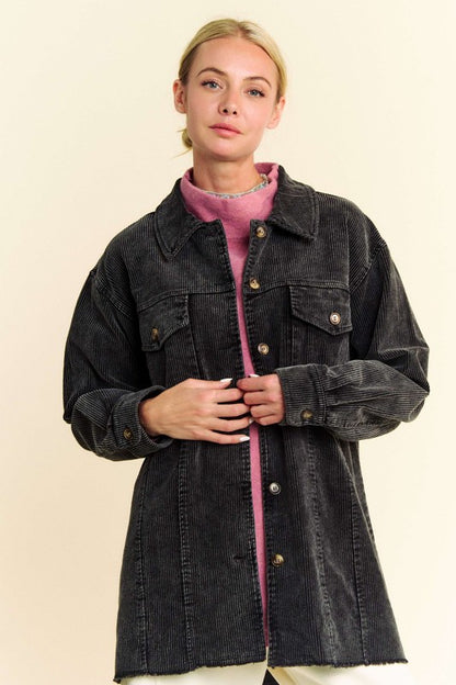 Davi & Dani Washed Corduroy Raw Hem Button Up Jacket