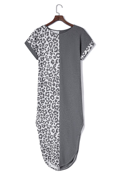 Rose Leopard Patchwork Pocket Casual T-Shirt Dress With Slits