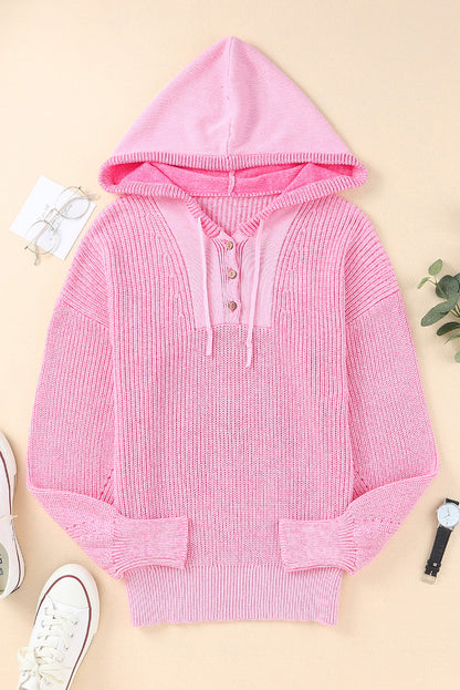 Black V Neck Casual Henley Drawstring Hooded Sweater