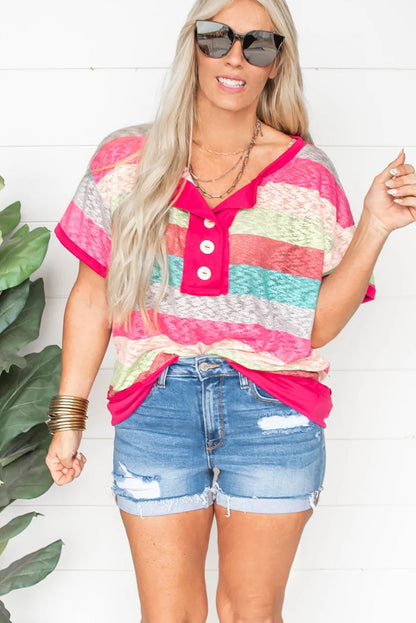 Rose Stripe Colorblock Plus Size Knit Henley Top