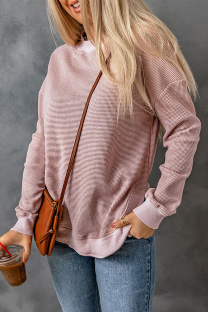 Pink Waffle Knit Crew Neck Casual Long Sleeve Top