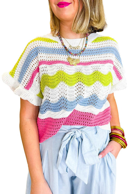 White Color Block Ruffled Short Sleeve Knitted T Shirt