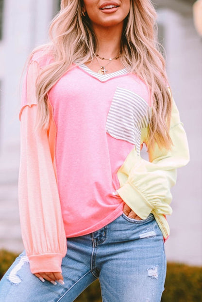 Striped Color Block Splicing Long Sleeve T Shirt