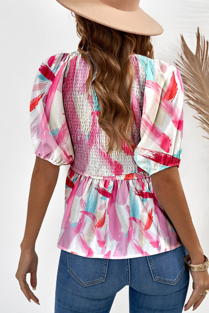 Abstract Print Puff Sleeve Peplum Top or Dress