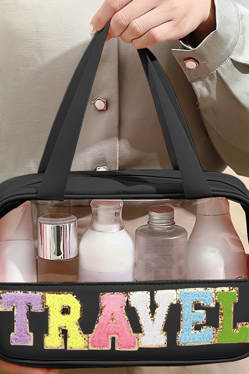 Pink Purple TRAVEL Chenille Letter Clear PVC Makeup Bag
