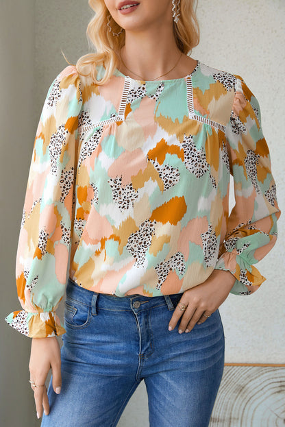 Multicolor Abstract Print Boho Ruffle Long Sleeve Blouse