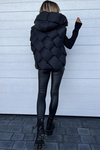 Black Quilted Zipper Front Thermal Hooded Vest Coat